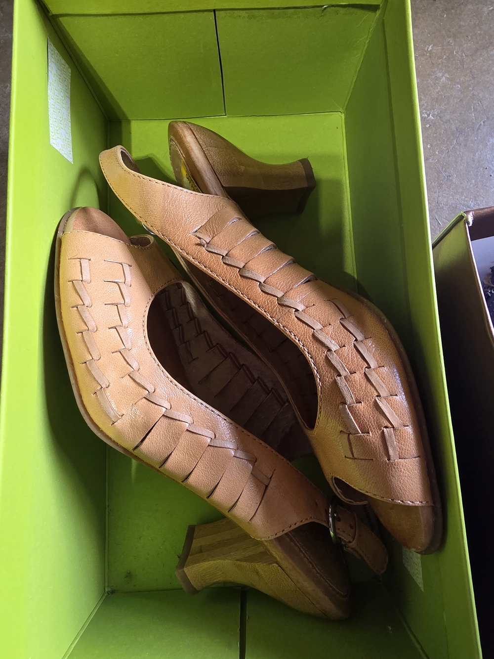Naya Tan Leather Woven Slingback Heels
